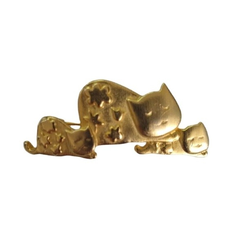 Goldtone Cat with Sleeping Kittens Figural Whimsical Brooch Pin